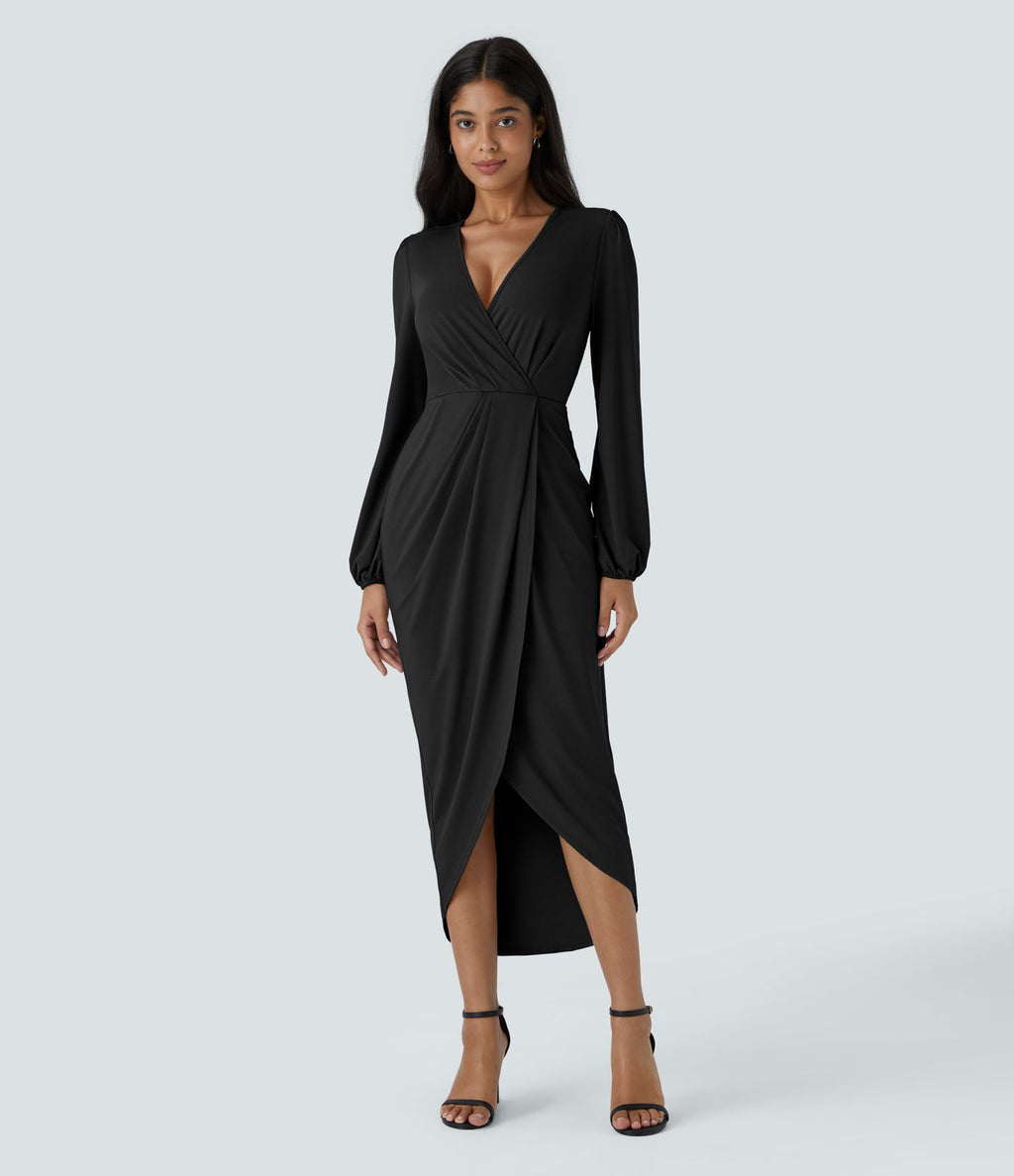 Robe de Soirée Mi-longue à Col V, Manches Longues, Plis et Ourlet Tulipe