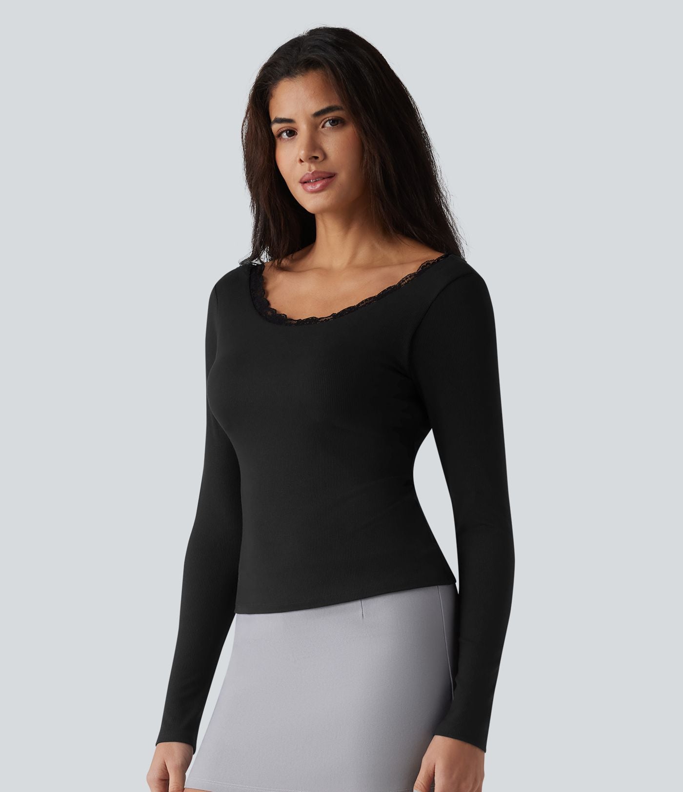 Haut casual en maille côtelée à manches longues, col rond échancré, dos en U, dentelle contrastée et soutien-gorge intégré