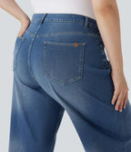 Jean casual grande taille Halara Flex™ tricot extensible délavé taille haute jambe large ourlet roulotté avec poches