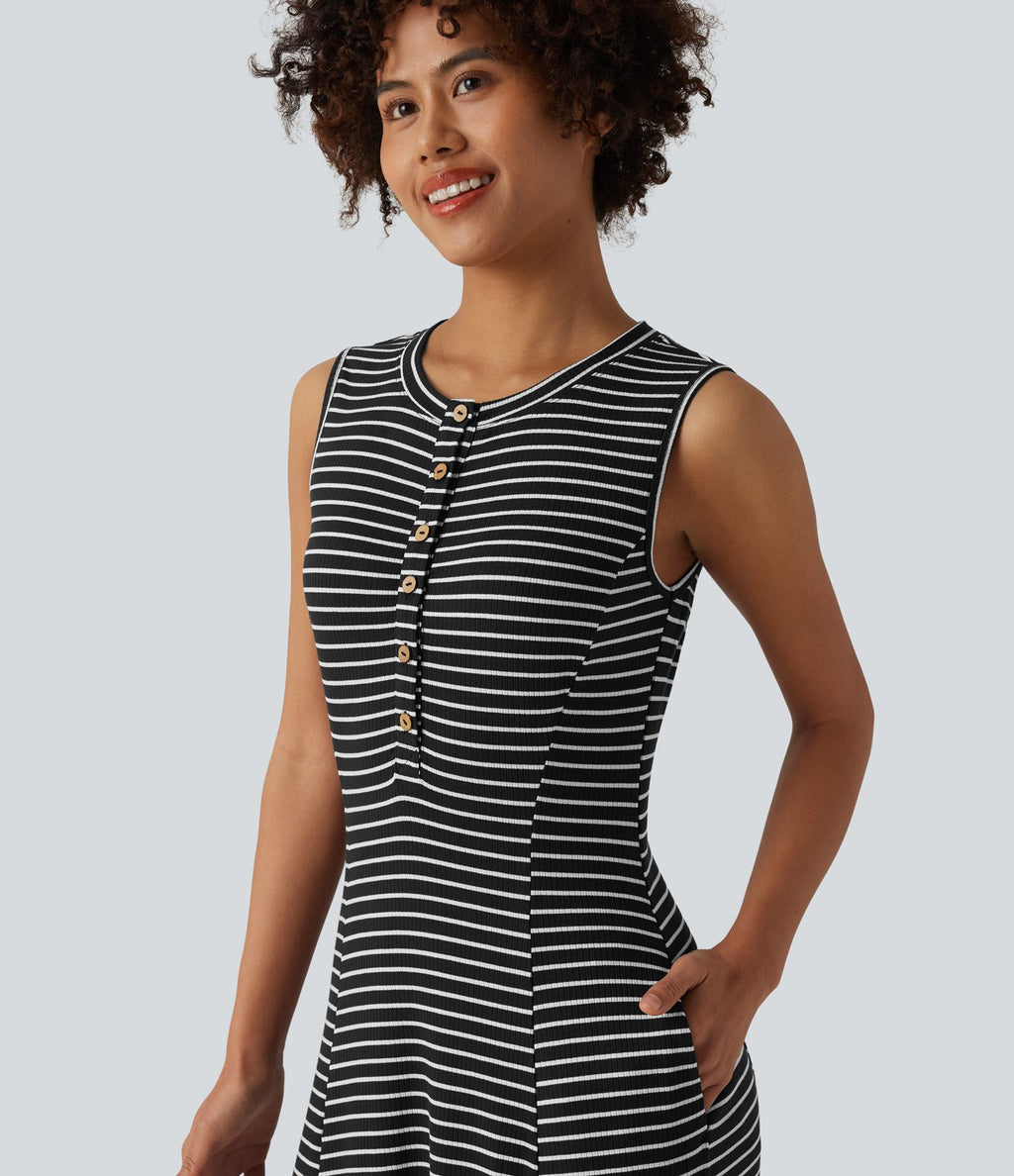 Robe longue fluide casual Henley sans manches à rayures avec poches