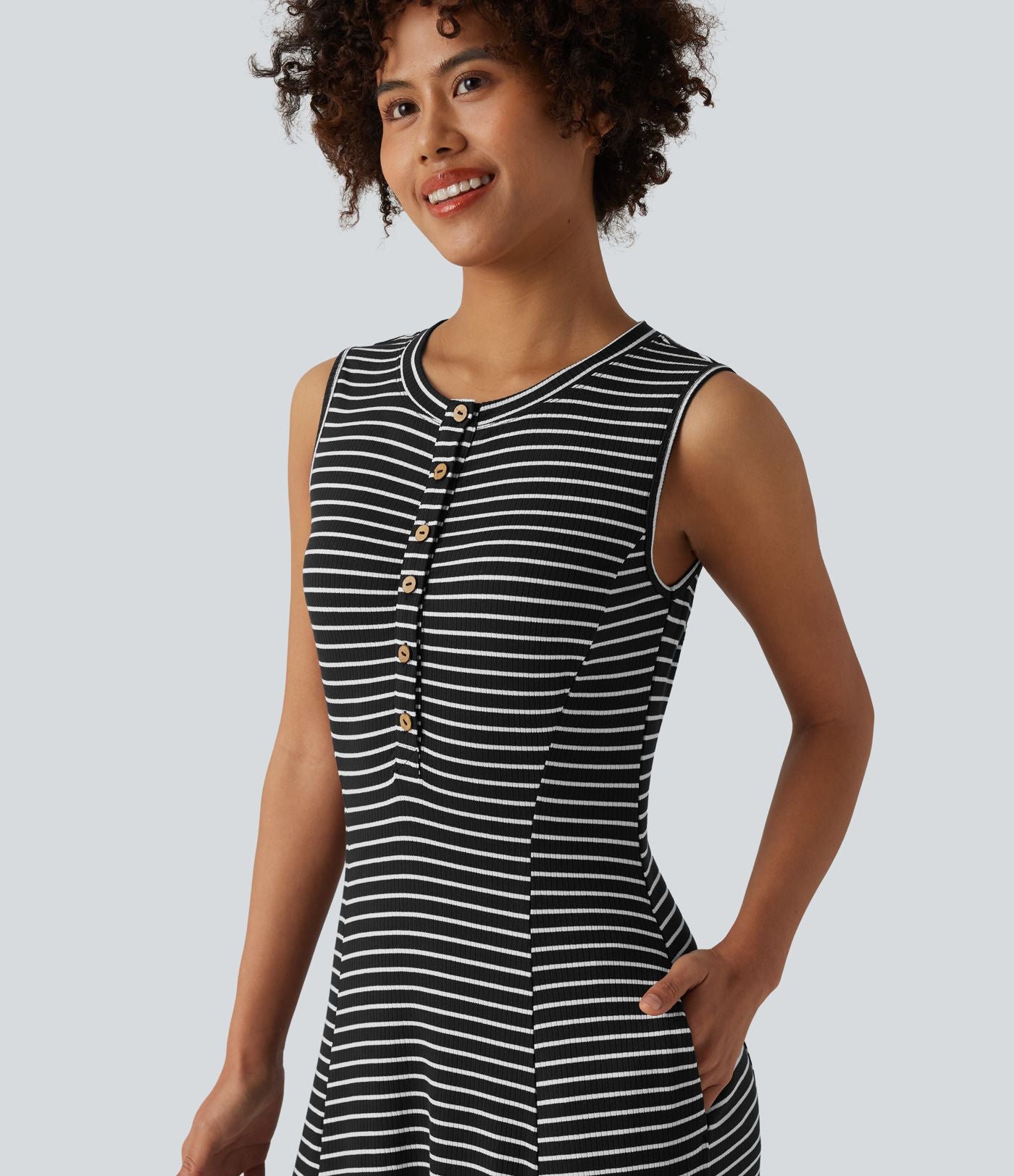 Robe longue fluide casual Henley sans manches à rayures avec poches