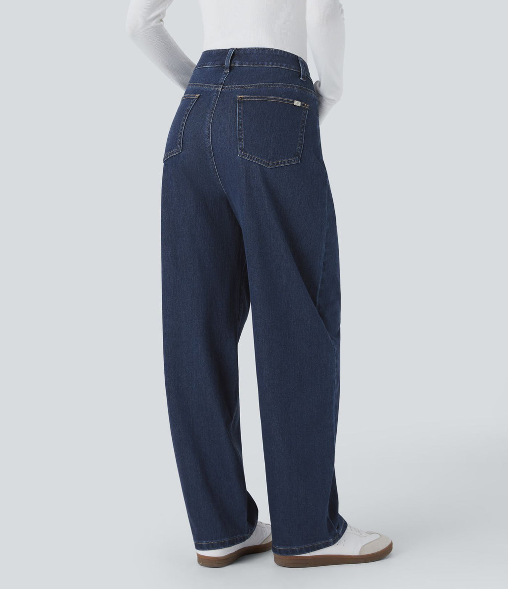 Jean ample délavé taille haute en maille extensible avec poches multiples