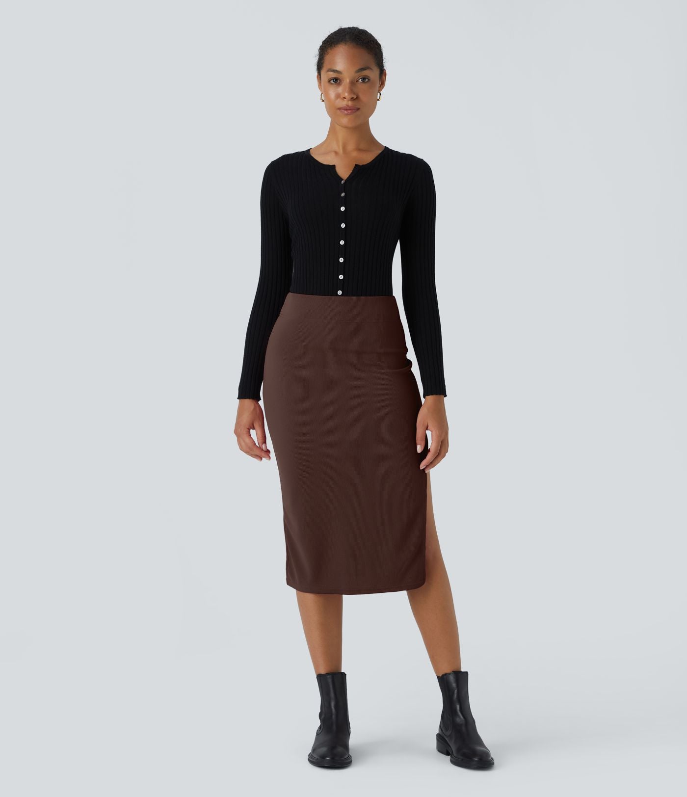 Jupe Midi Moulante Casual en Côtes Taille Haute Fendue