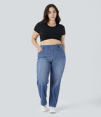Jean décontracté Halara Flex™ grande taille, taille haute, multiples poches, jambes droites, effet délavé, en maille extensible