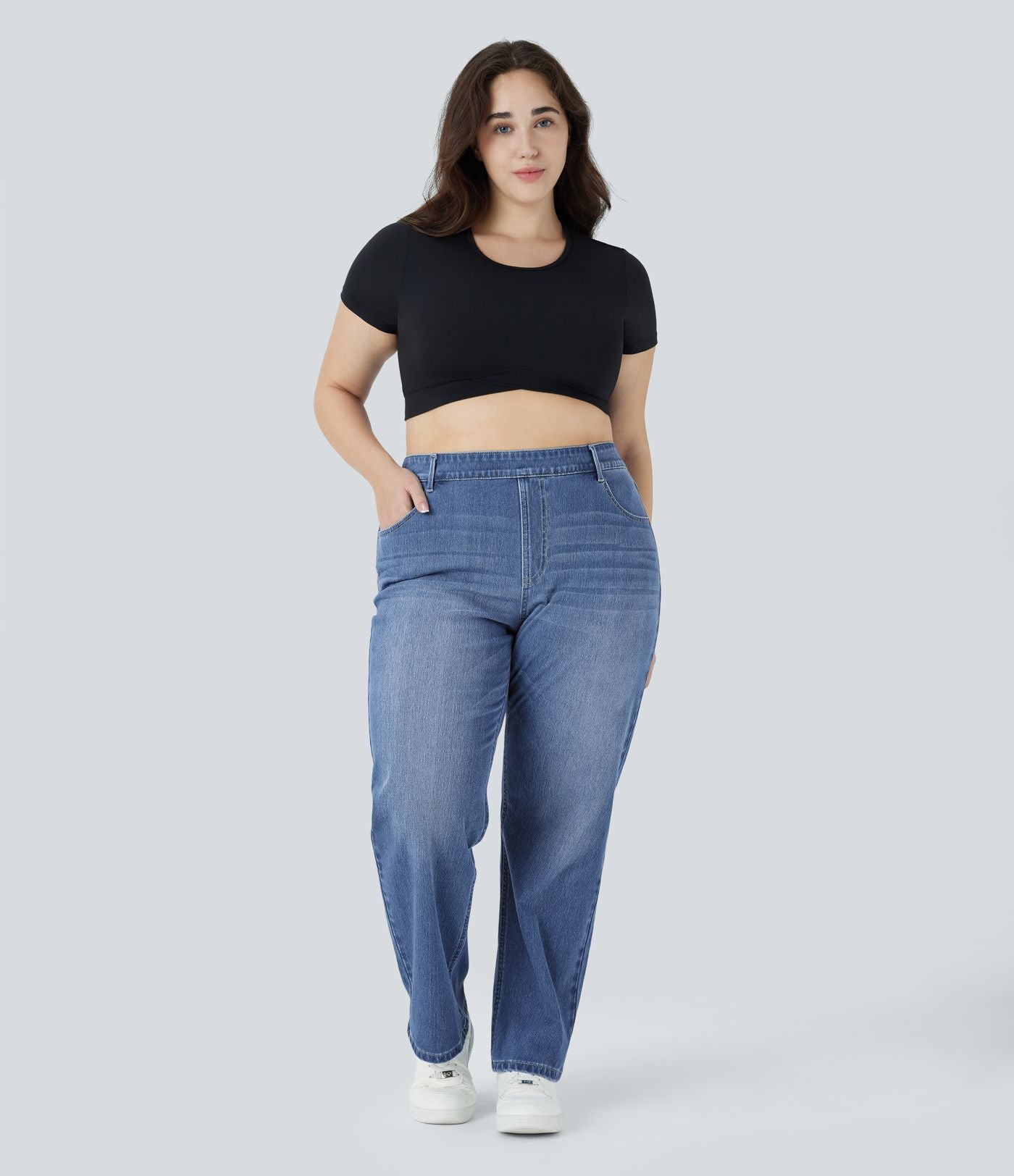 Jean décontracté Halara Flex™ grande taille, taille haute, multiples poches, jambes droites, effet délavé, en maille extensible
