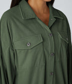Veste Casual en Velours Côtelé à Col Boutonné Poches et Manches Longues Ourlet Courbé