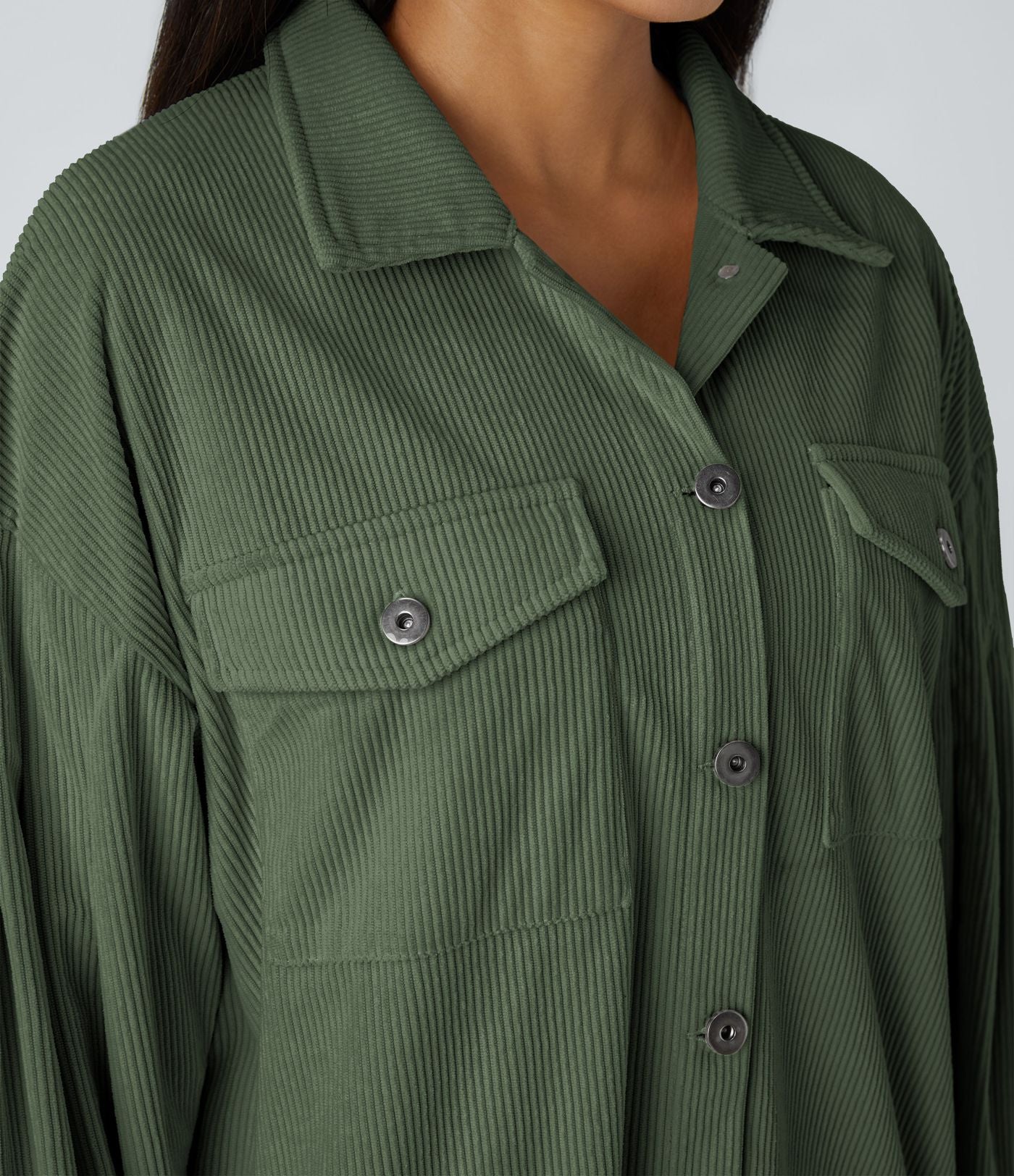 Veste Casual en Velours Côtelé à Col Boutonné Poches et Manches Longues Ourlet Courbé