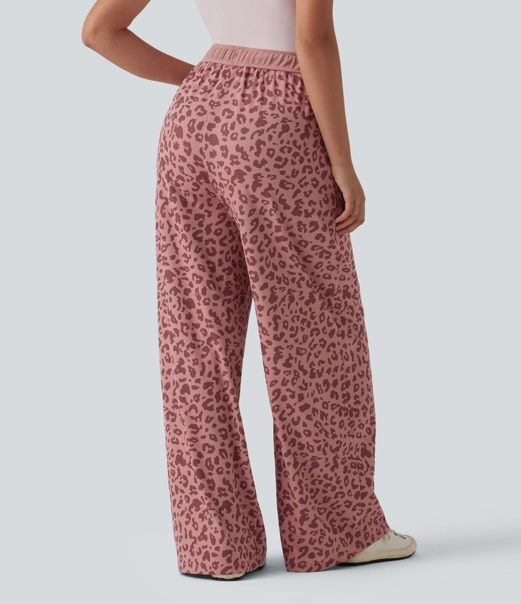 Pantalon casual large gaufré imprimé léopard taille haute avec cordon de serrage et poches