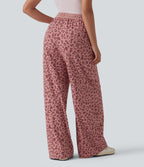 Pantalon casual large gaufré imprimé léopard taille haute avec cordon de serrage et poches