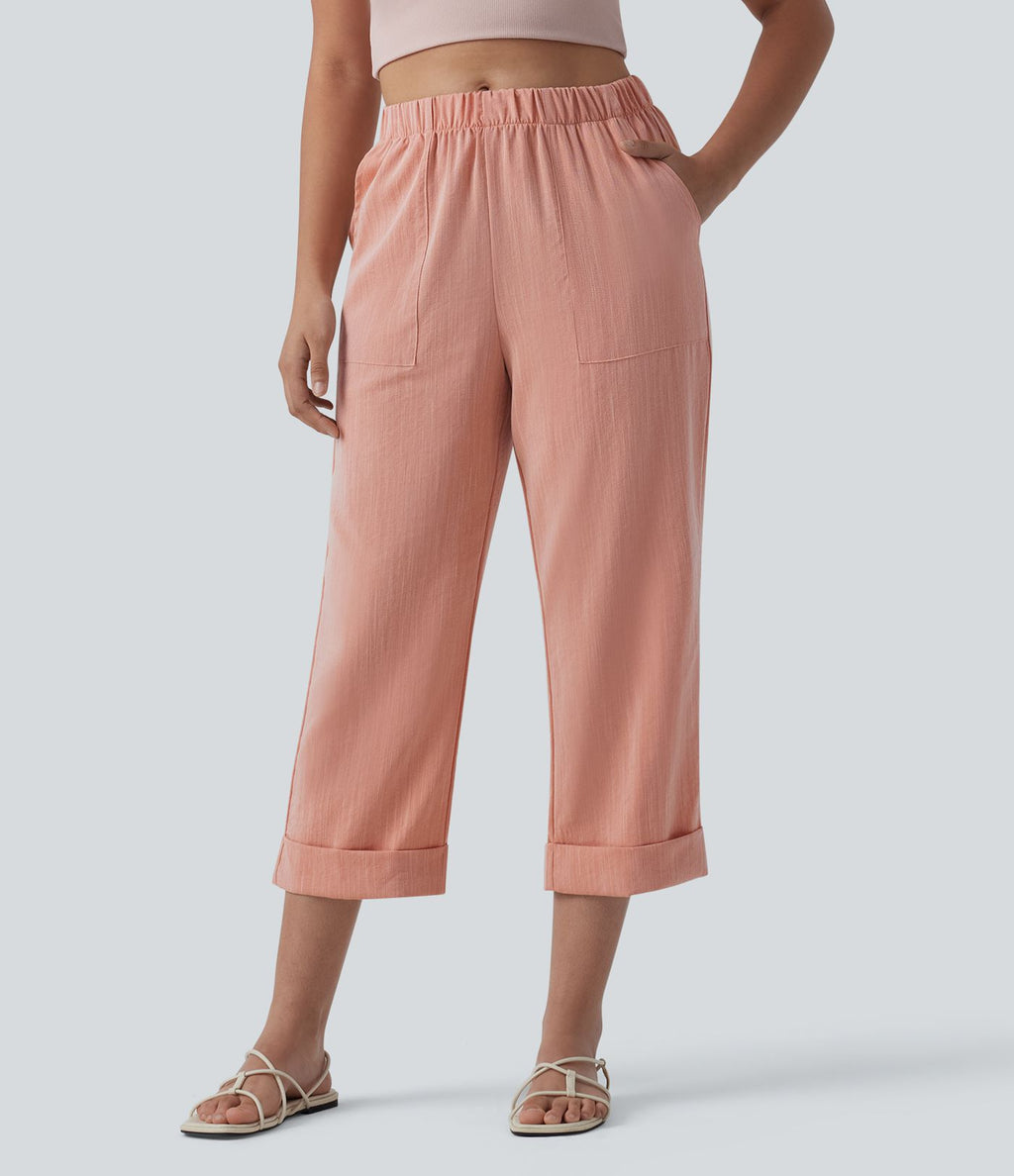 Pantalon casual court aspect lin coupe droite taille haute avec poches