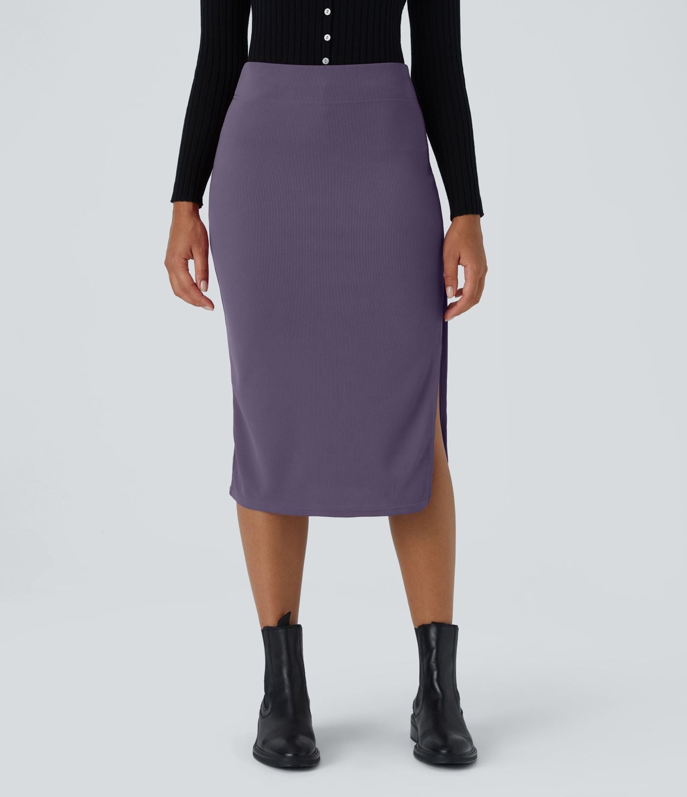 Jupe Midi Moulante Casual en Côtes Taille Haute Fendue