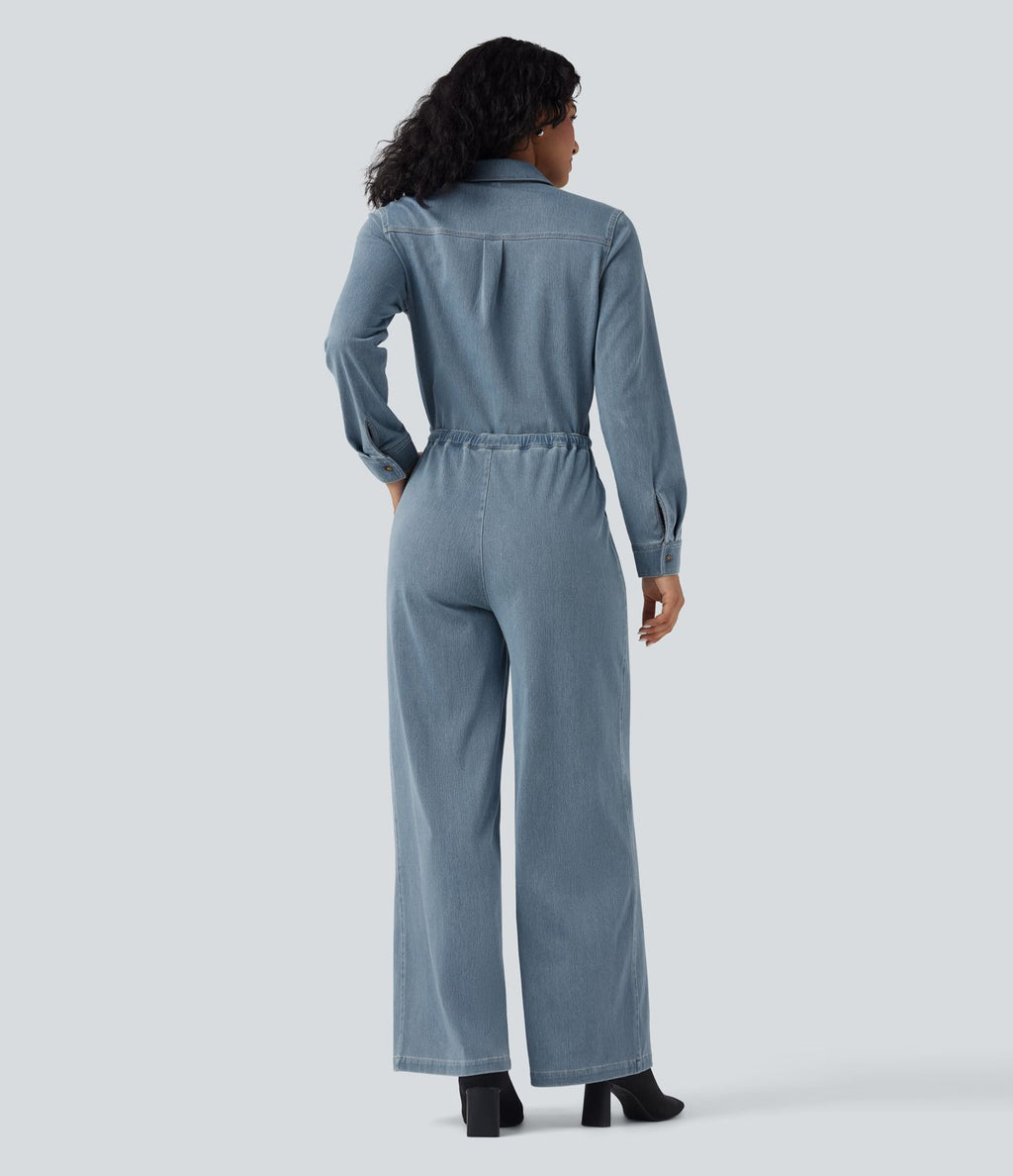 Combinaison denim délavé Halara Flex™ jambes larges manches longues avec cordon de serrage et poches - Édition Easy Peasy