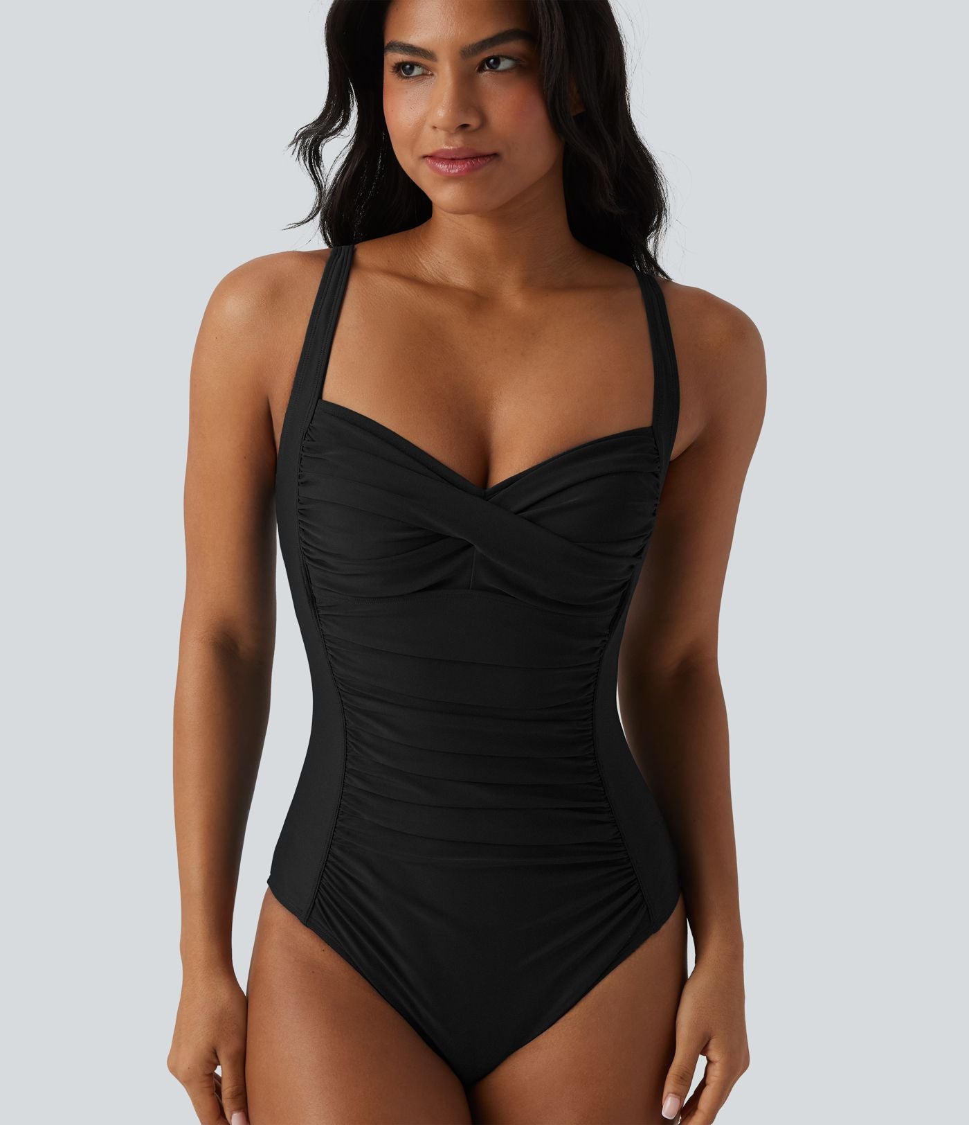 Maillot de bain une pièce gainant push-up col Queen Anne bretelles ajustables torsadé froncé
