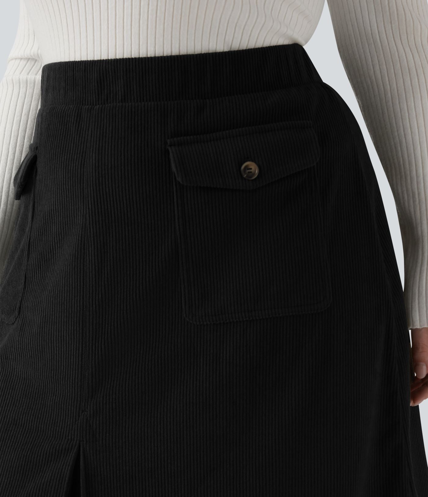 Jupe décontractée grande taille mi-longue en velours côtelé taille mi-haute avec poches