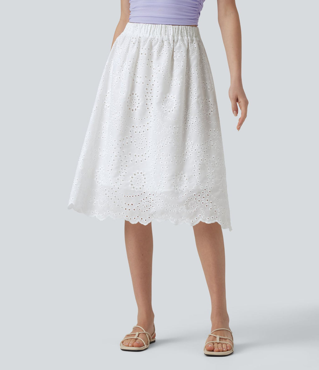 Jupe évasée plage broderie anglaise taille haute