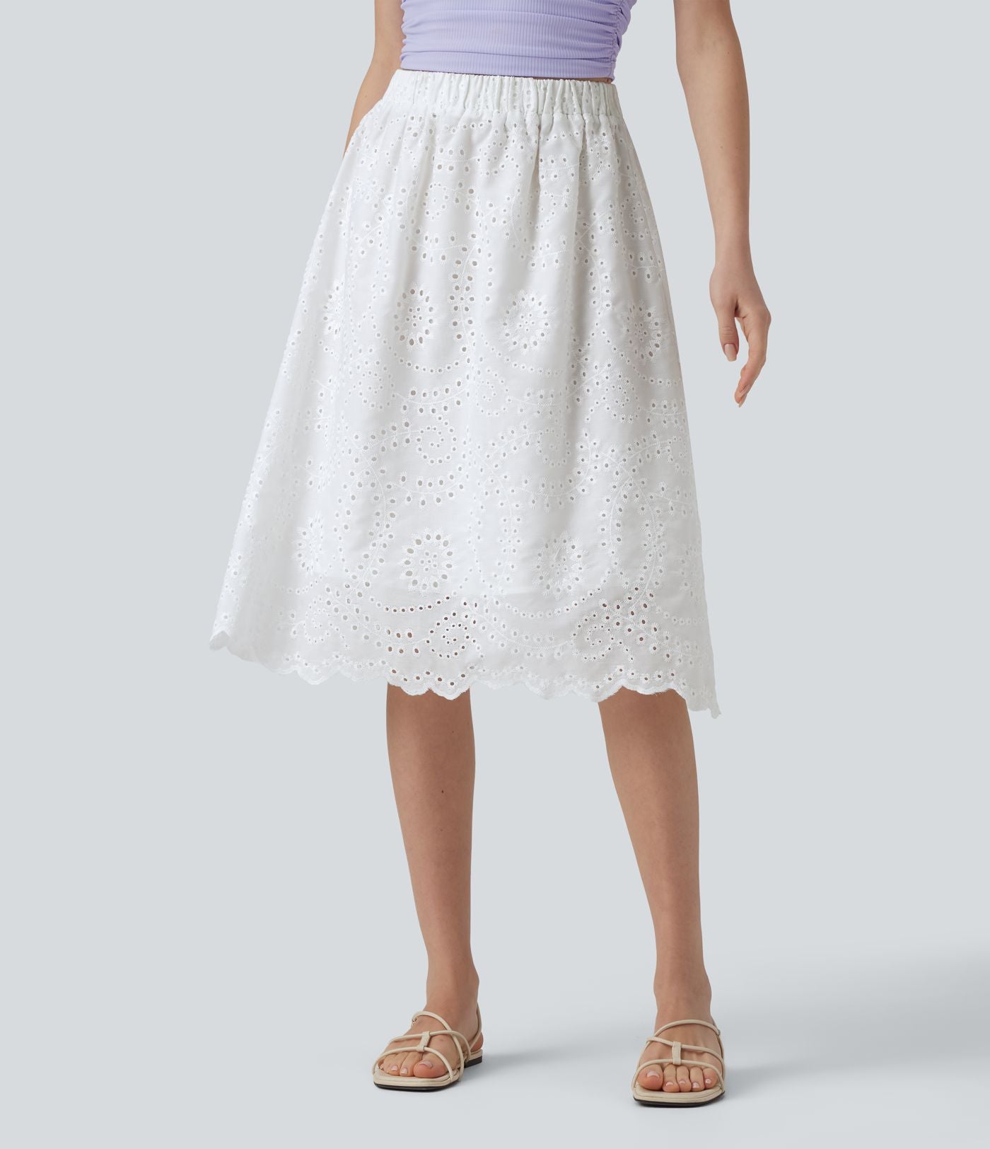 Jupe évasée plage broderie anglaise taille haute