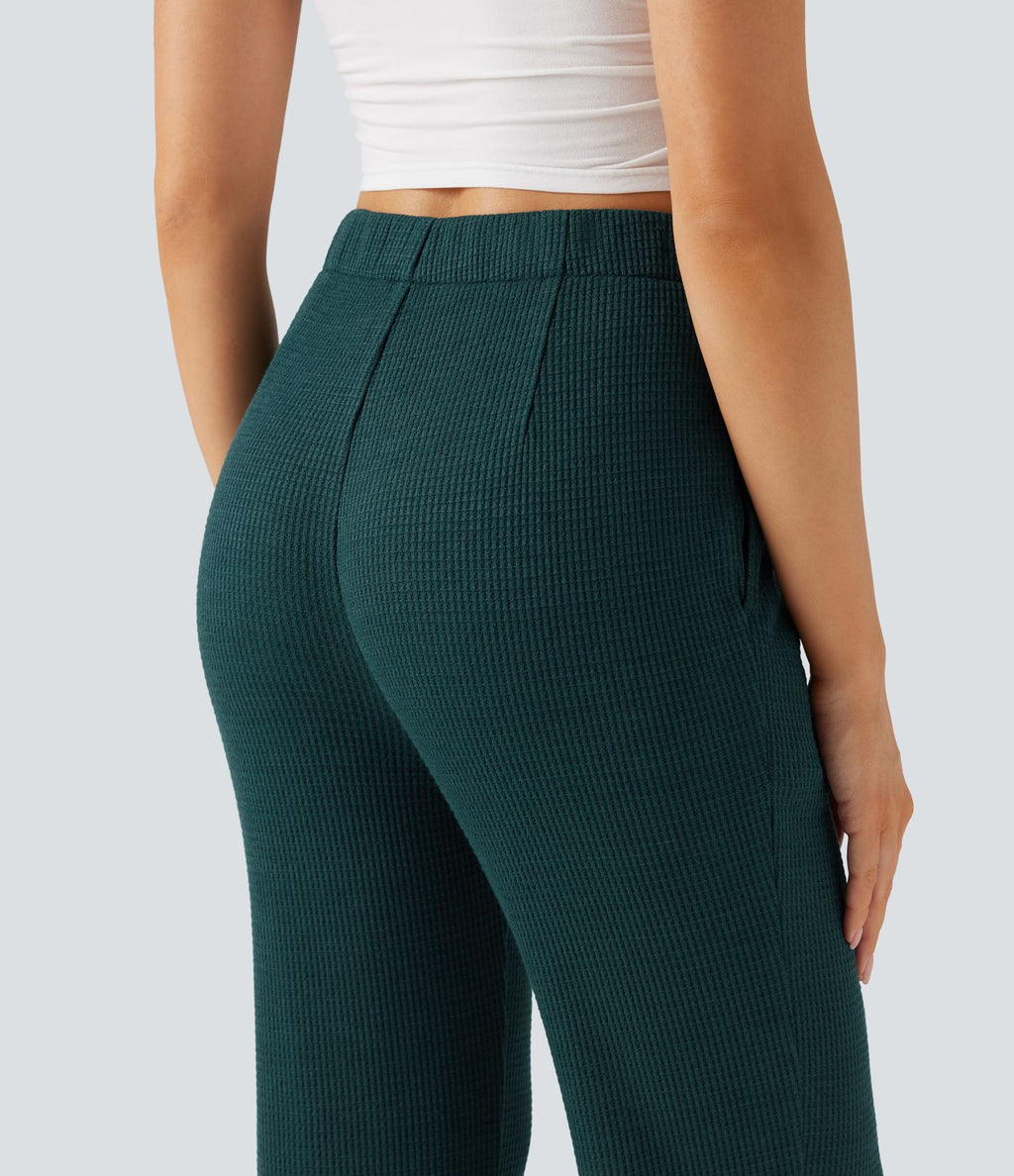 Pantalon décontracté évasé maille gaufrée taille haute avec poches