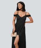 Robe Maxi Fluide Épaules Dénudées avec Poches Latérales Ourlet Fendu Tissu Côtelé Demoiselles d'Honneur et Invités de Mariage
