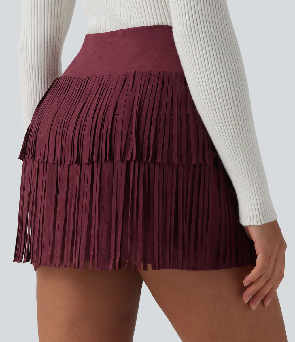 Jupe mini de soirée ajustée effet daim taille haute croisée 2-en-1 à franges