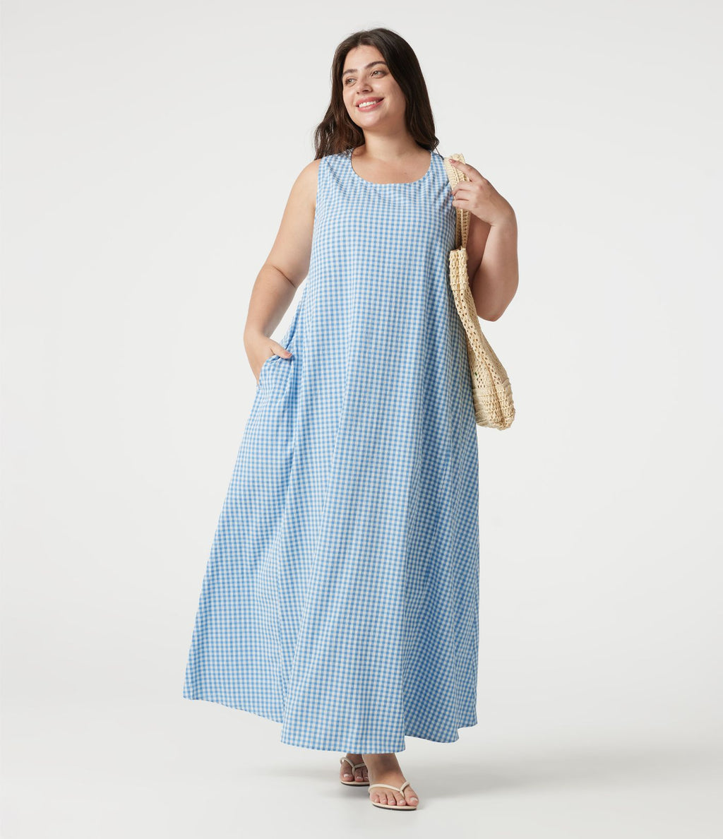 Robe débardeur midi sans manches col rond en vichy froissé grande taille à poches