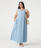 Robe débardeur midi sans manches col rond en vichy froissé grande taille à poches