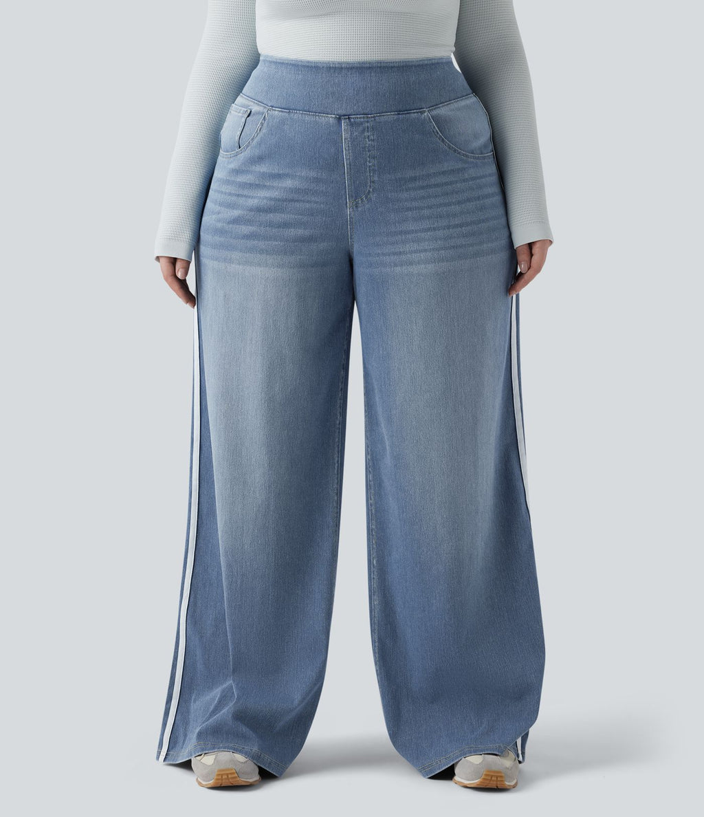 Halara Flex™ Jean large fluide taille haute à rayures délavé décontracté grande taille avec poches