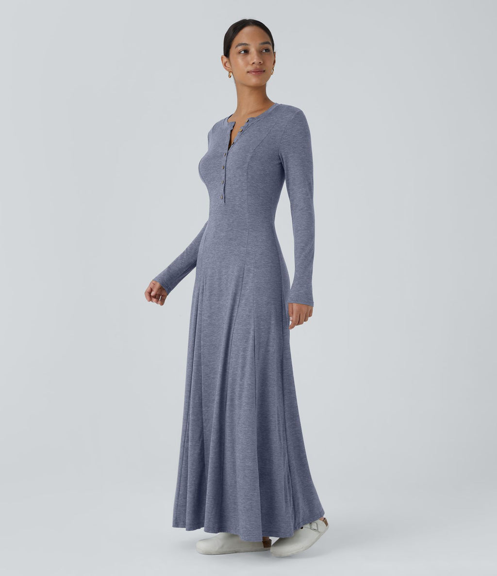 Robe de Casual Maxi Manches Longues Évasées et Boutons au Col Rond