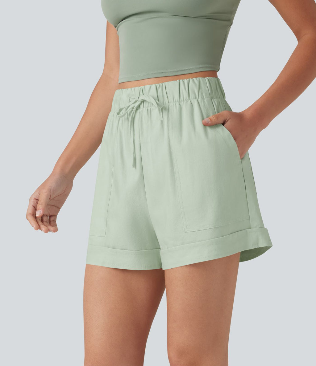 Short ample décontracté taille haute en coton et lin, cordon de serrage, ourlet retroussé et poches
