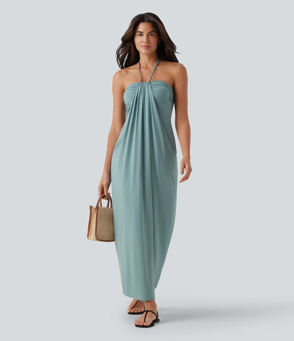 Robe longue dos nu col licou avec nœud et poches