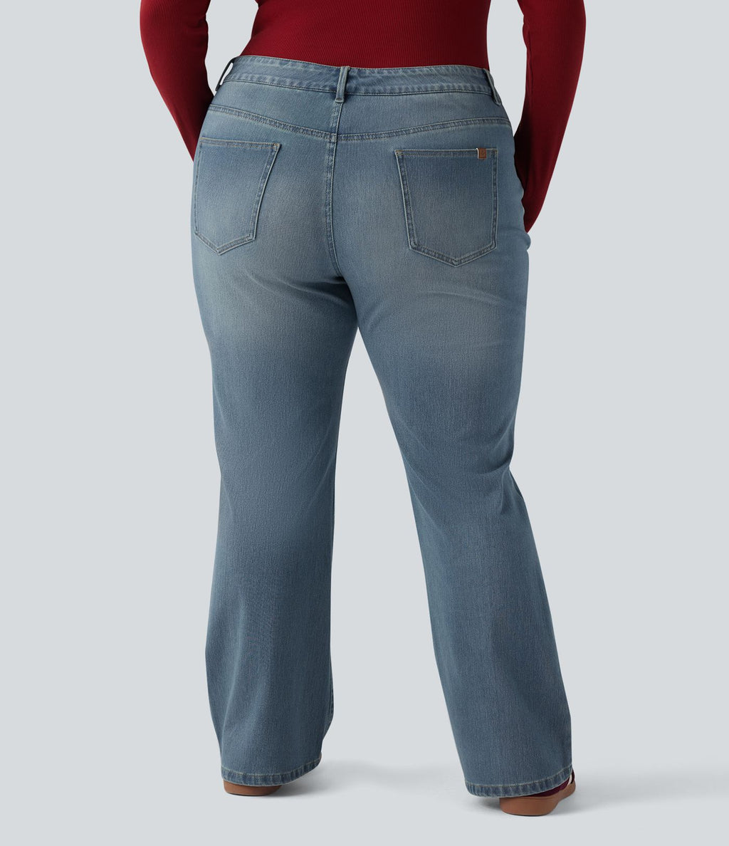 Jean décontracté grande taille évasé taille haute Halara Flex™ effet délavé avec multiples poches