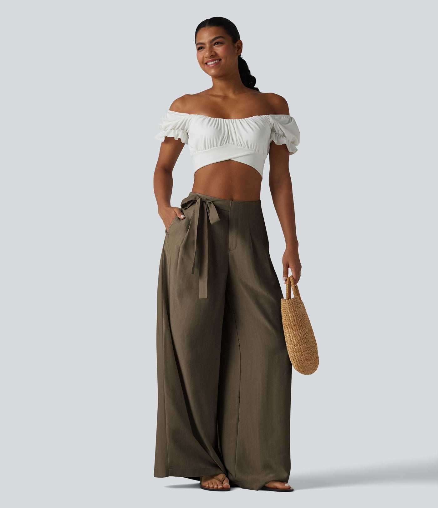 Pantalon large fluide taille haute en lin mélangé avec poches et liens latéraux