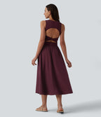 Robe mi-longue décontractée col rond sans manches découpes