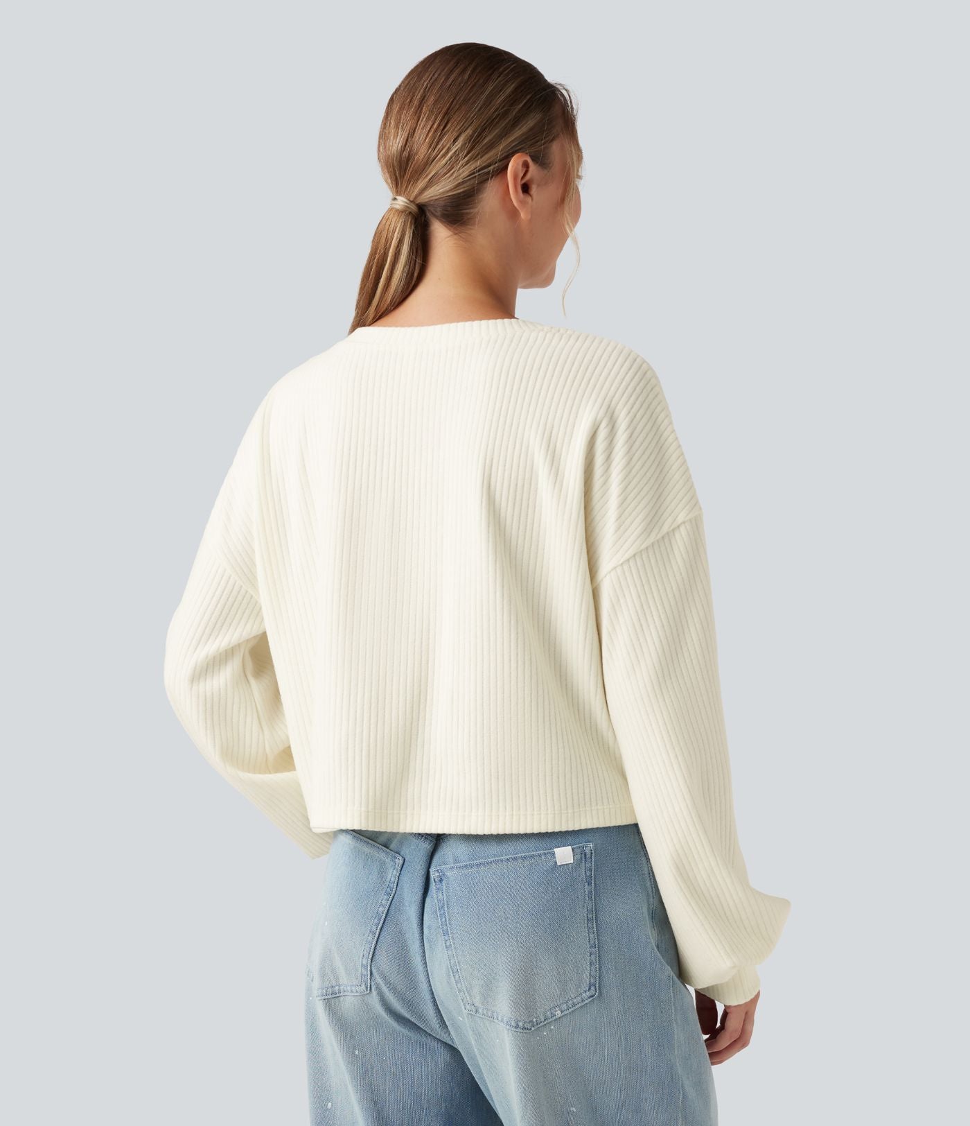Sweatshirt casual côtelé maille col rond manches longues avec ourlet torsadé