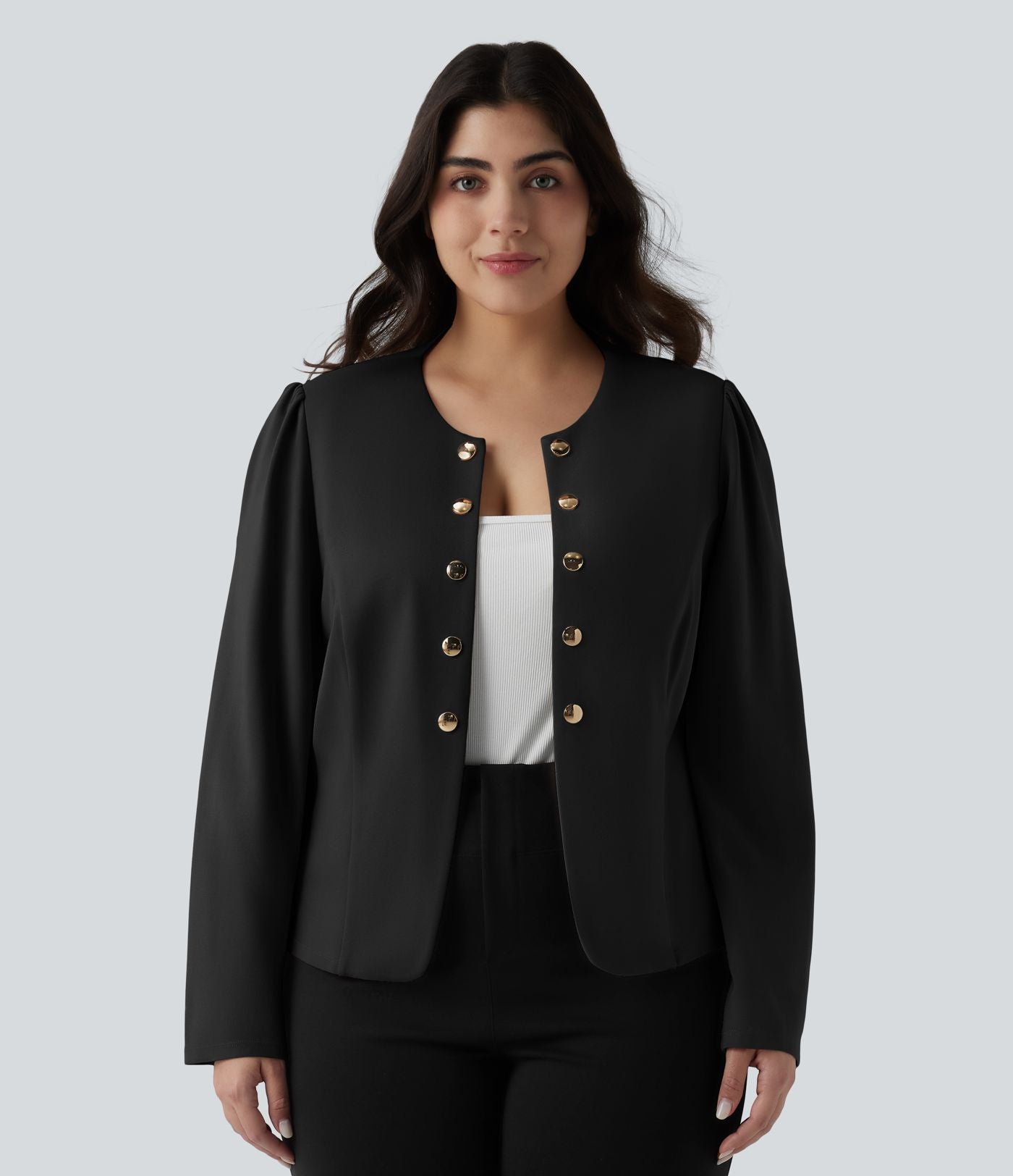 Blazer tailleur grande taille ajusté à col rond et manches longues