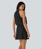 Robe de villégiature mini fluide à col licol et boutonnage