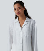 Chemise décontractée rayée col cranté manches longues aspect lin avec poche
