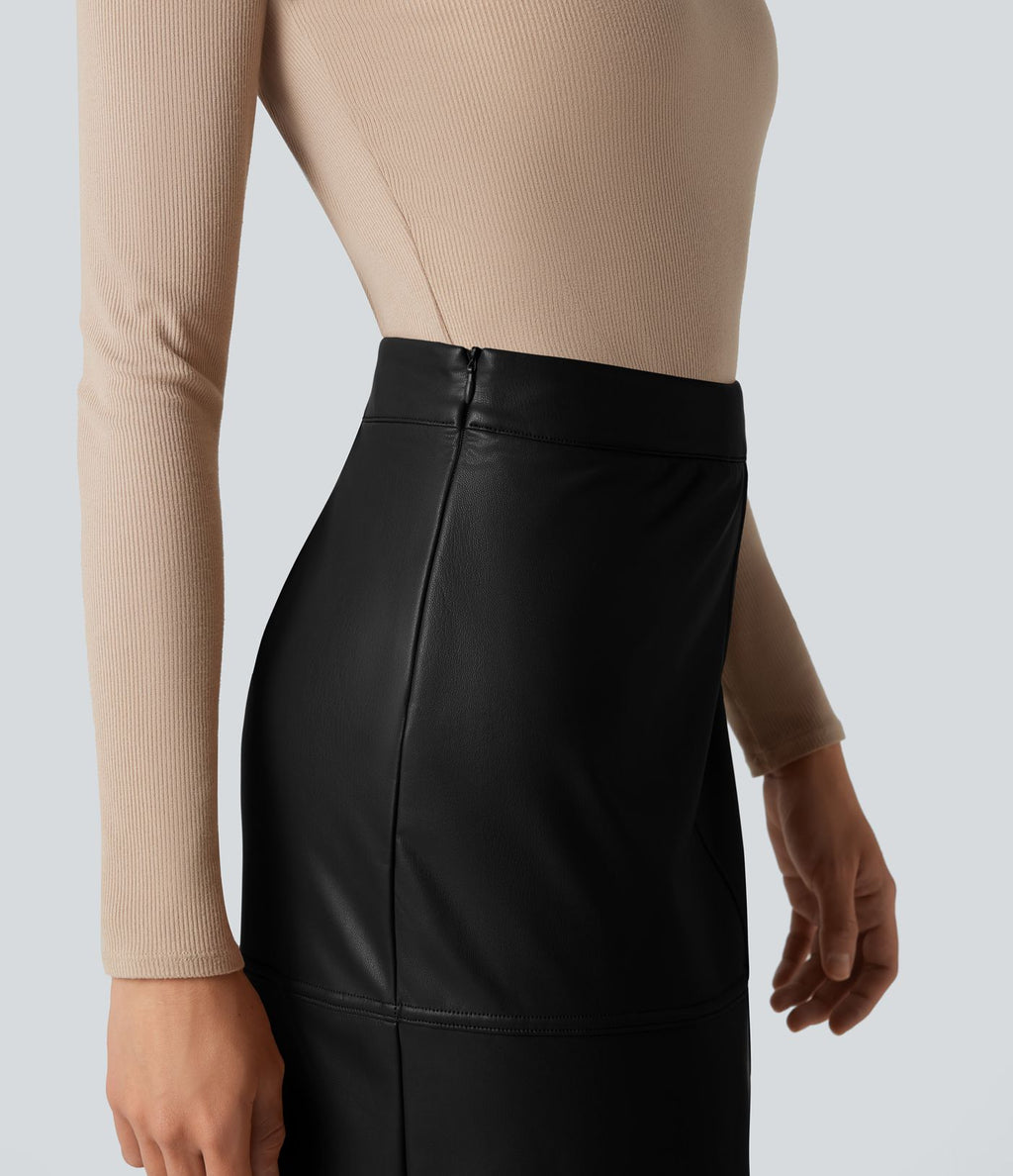 Jupe crayon midi habillée taille haute en simili cuir doublé polaire avec fermeture éclair invisible et fente