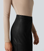 Jupe crayon midi habillée taille haute en simili cuir doublé polaire avec fermeture éclair invisible et fente