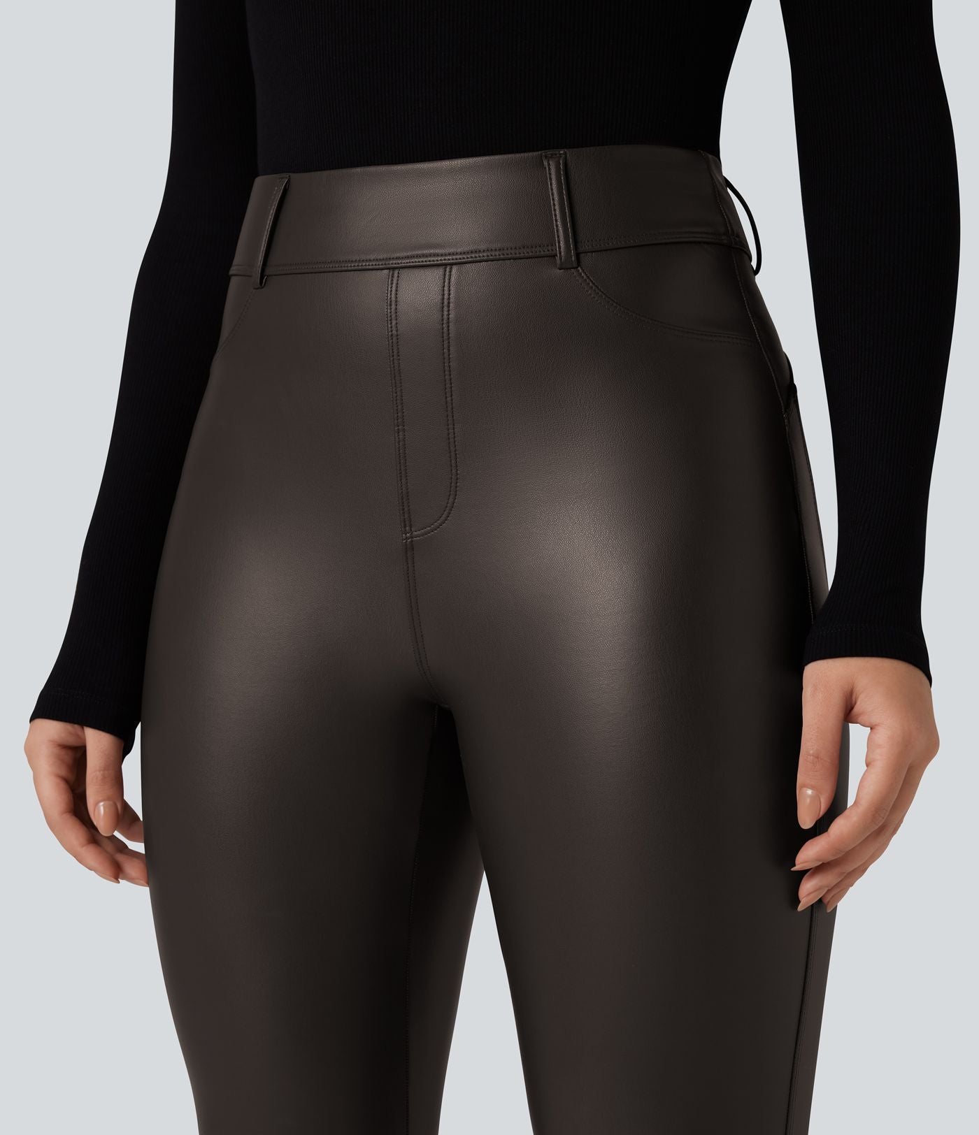 Pantalon polaire simili cuir extensible taille haute avec poches