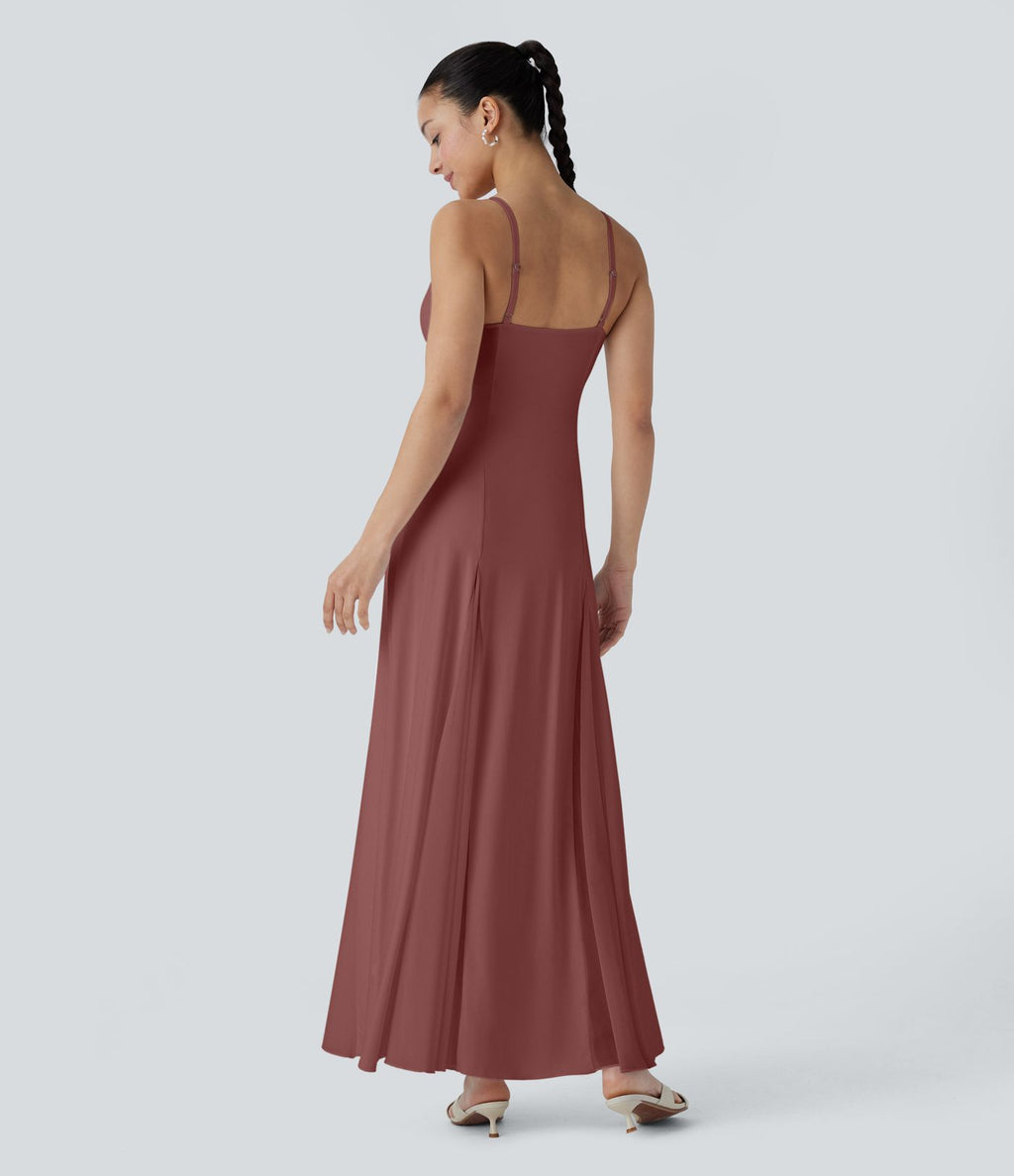 Robe longue fluide à bretelles ajustables avec maille contrastée pour demoiselle d'honneur et invitée de mariage