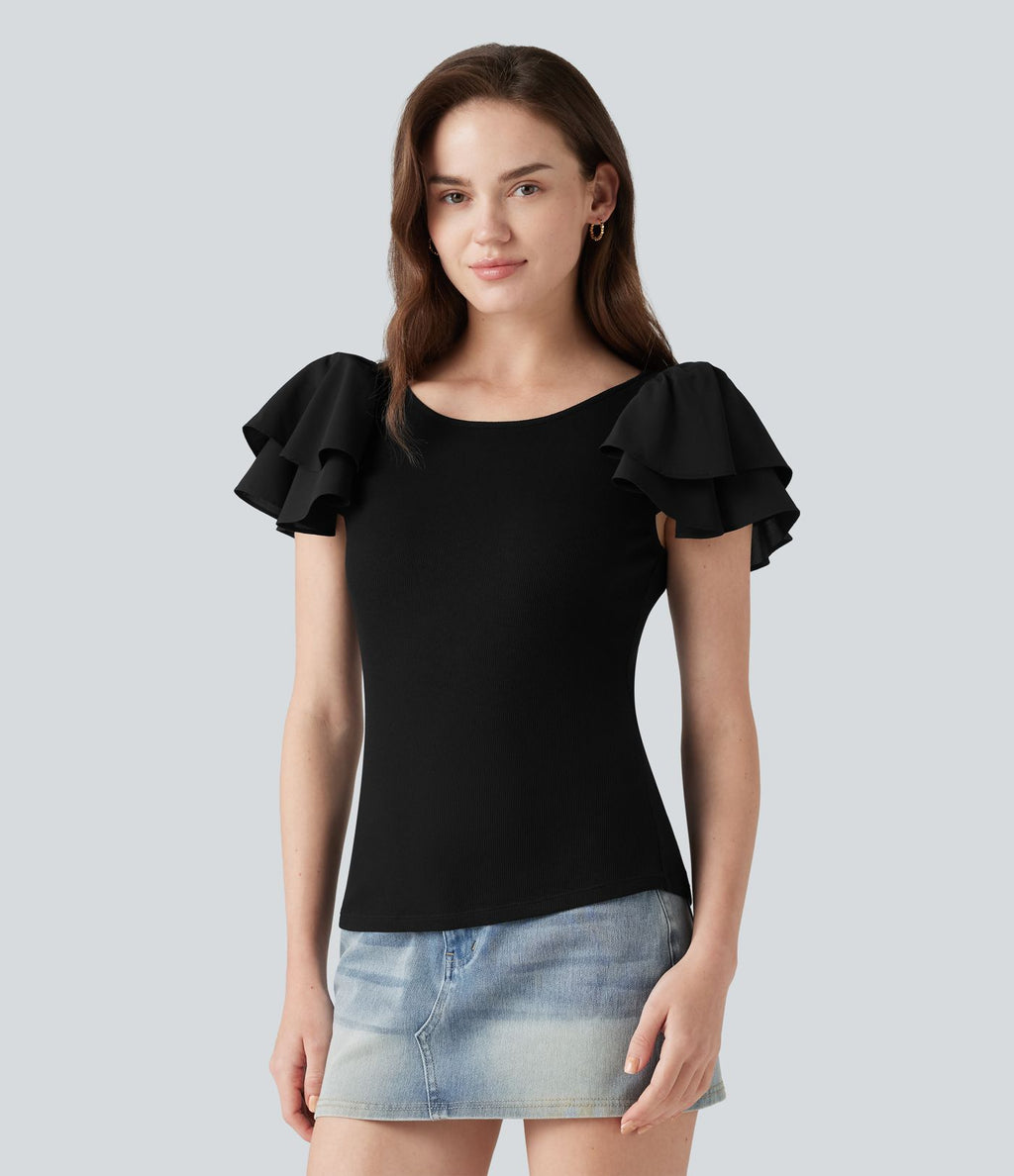 Blouse décontractée col rond à manches à volants étagées