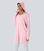 Sweatshirt Casual à Capuche Encolure en V Cordon de Serrage Trou pour le Pouce Fente et Coupe Longue
