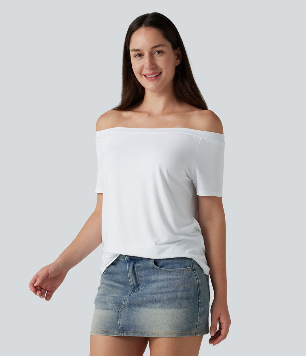 T-shirt casual col épaules dénudées manches courtes
