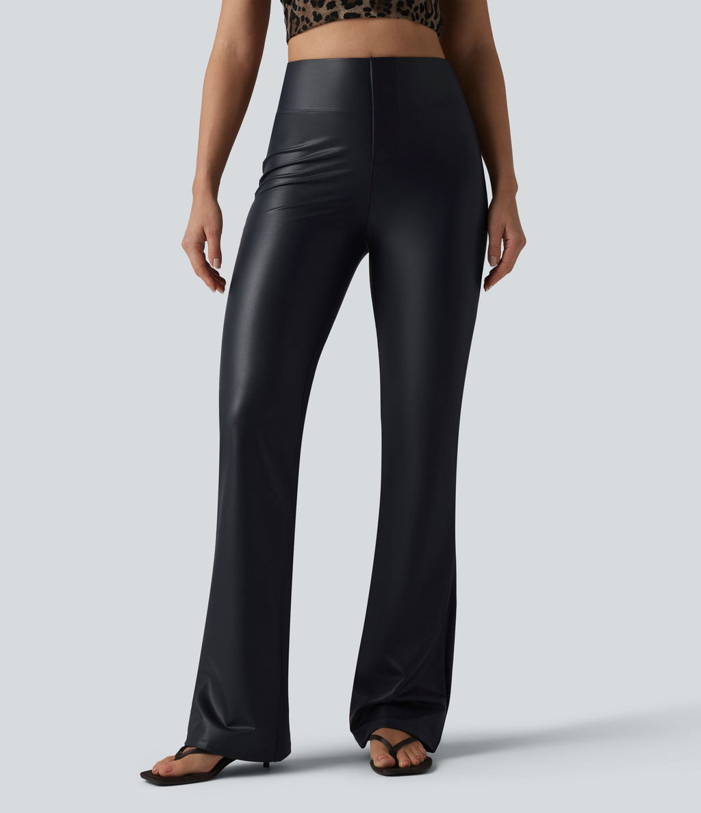Pantalon décontracté taille haute, coupe bootcut, en PU extensible avec poches