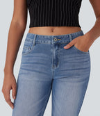 Jean décontracté Halara Flex™ taille basse à jambes droites avec bouton, fermeture éclair, multiples poches, effet délavé en maille extensible