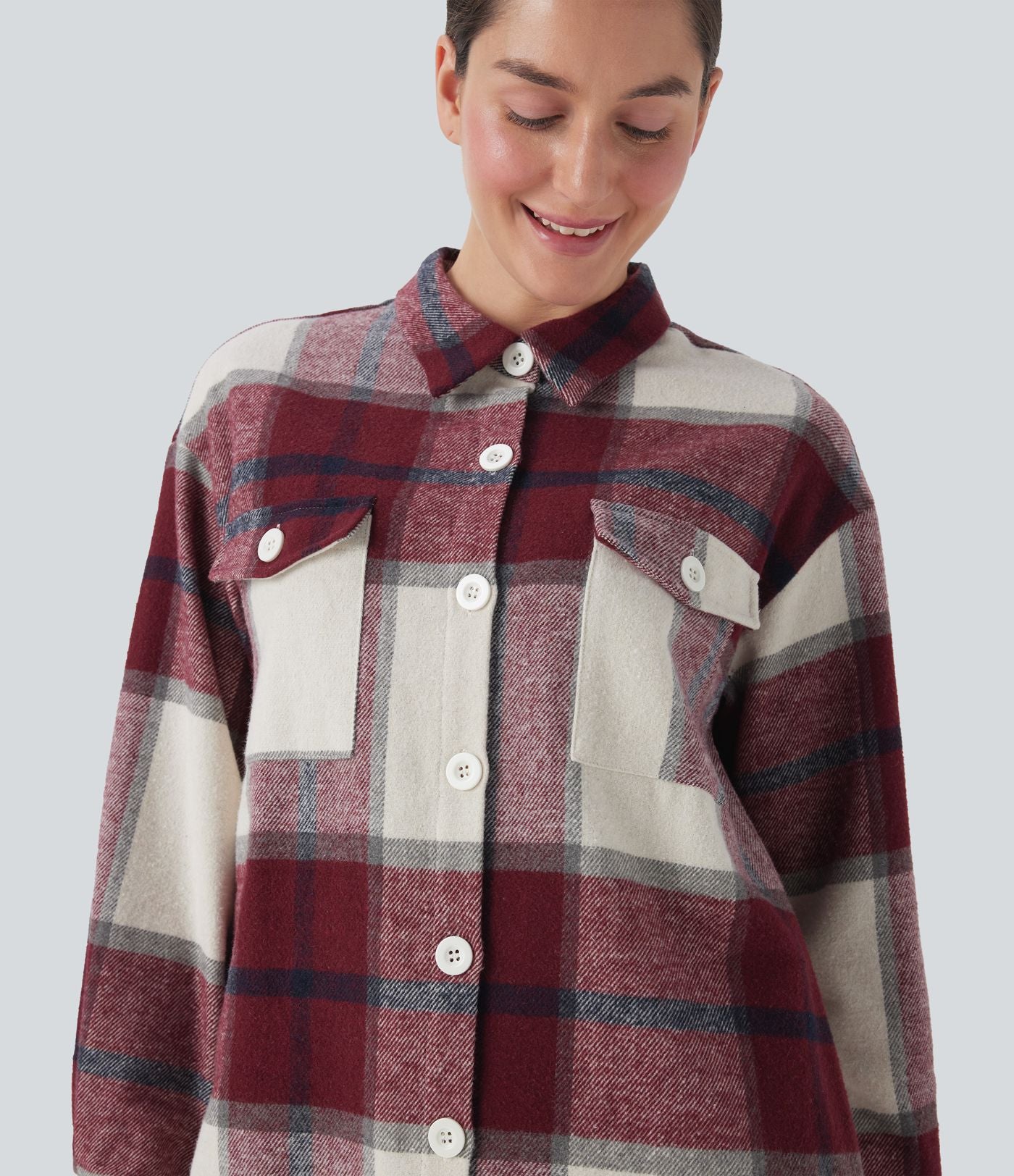 Veste décontractée longue à motif écossais avec ourlet arrondi et poches