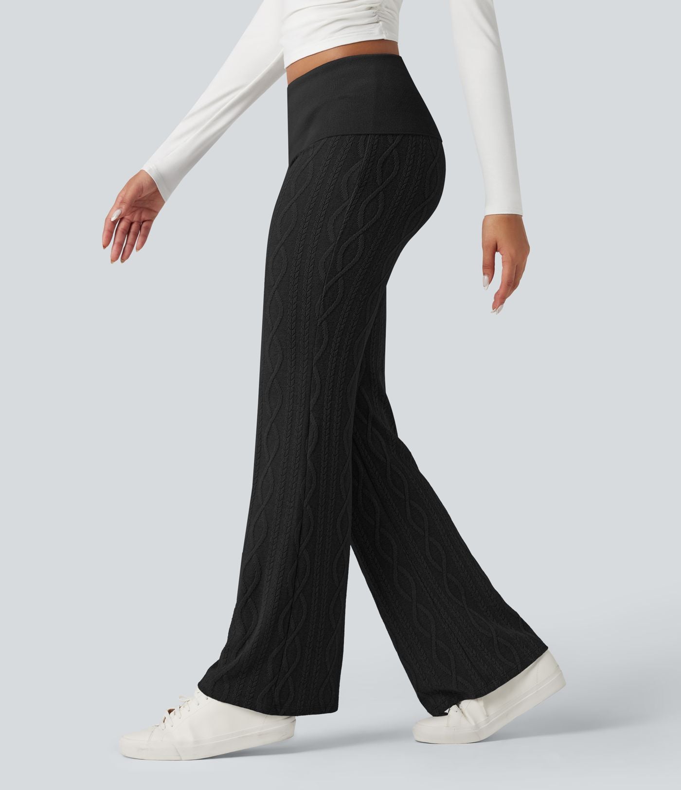 Pantalon décontracté évasé en maille pull taille basse repliable