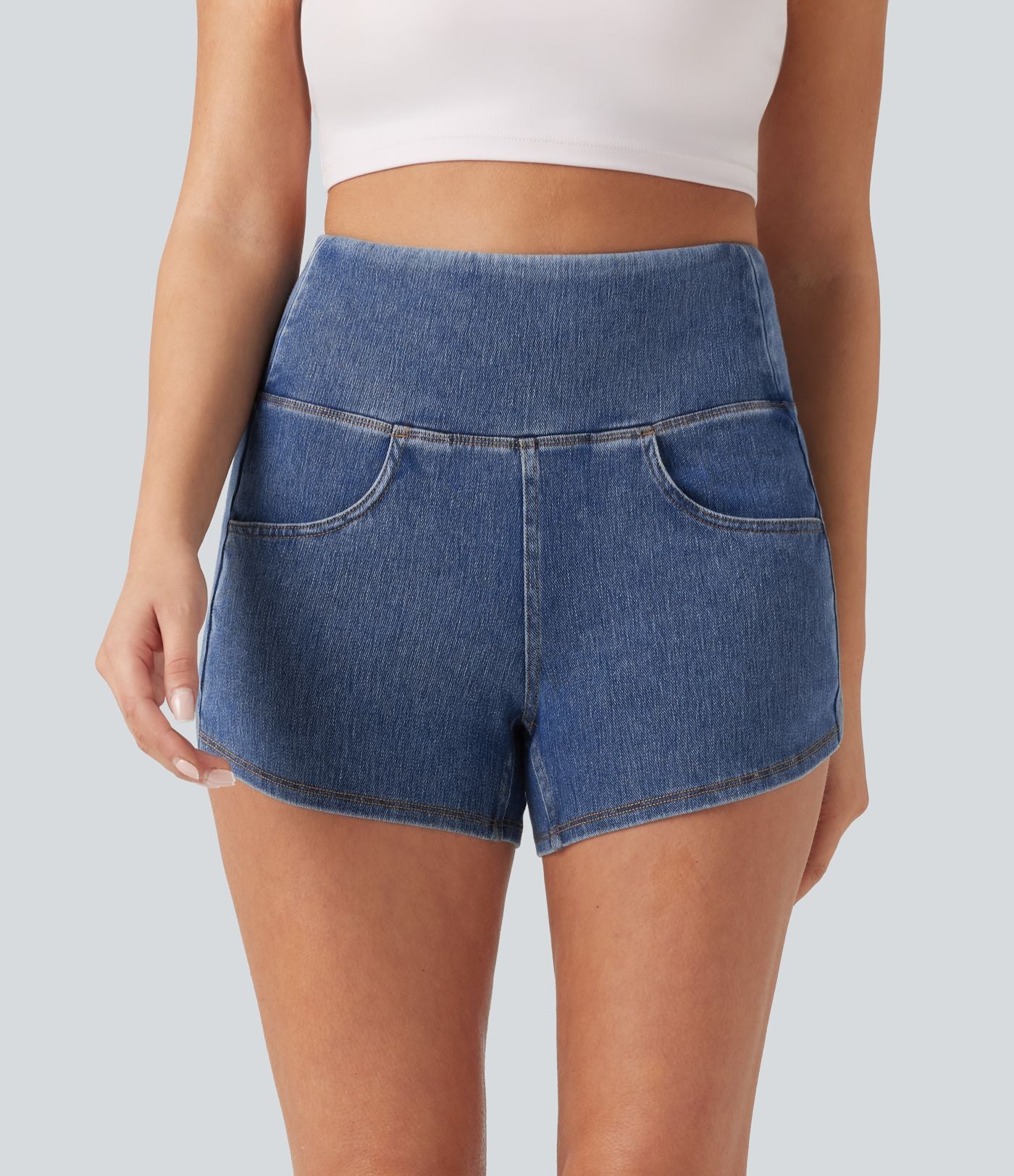 Halara Flex™ Short casual en jean skinny gainant taille haute à ourlet arrondi avec poches