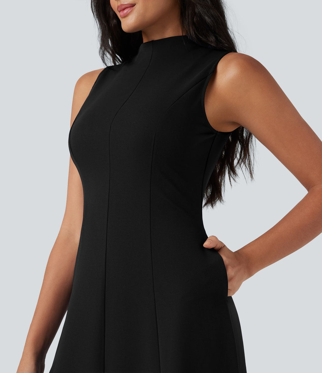 Robe mi-longue col montant sans manches avec poches
