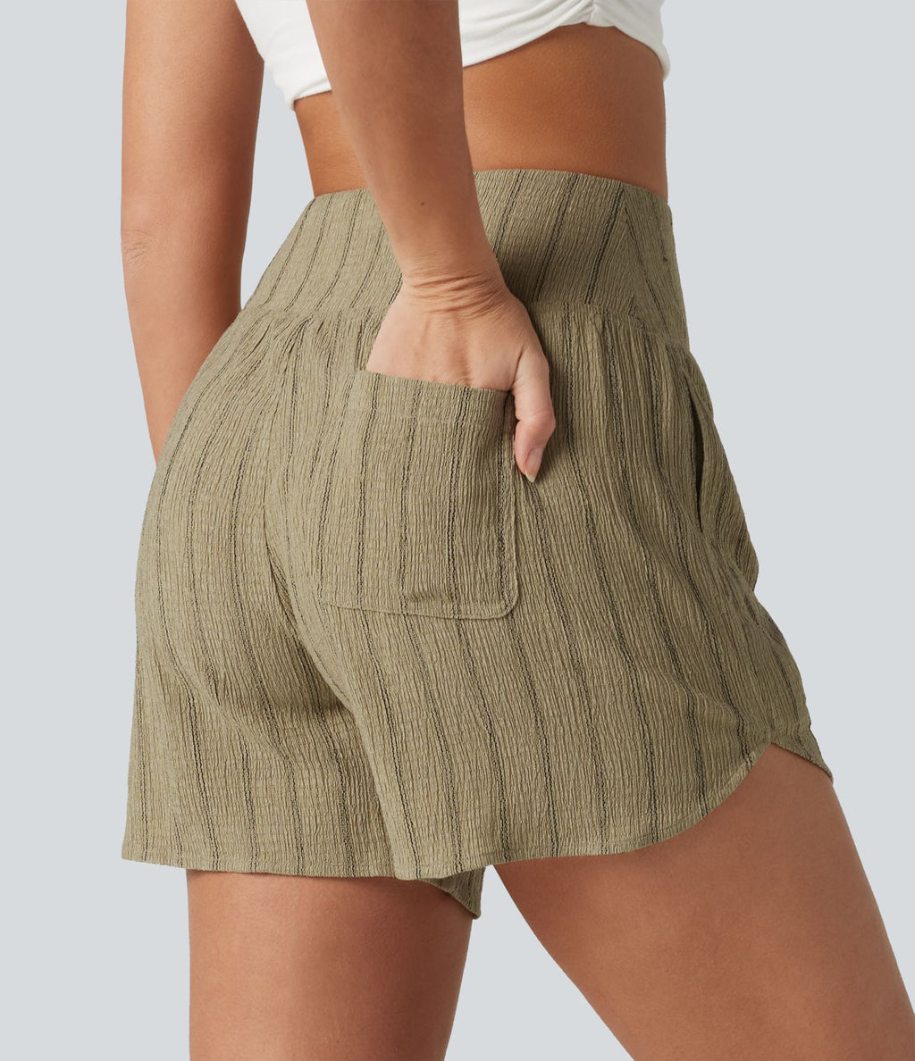Short casual taille haute ourlet arrondi rayures avec poches
